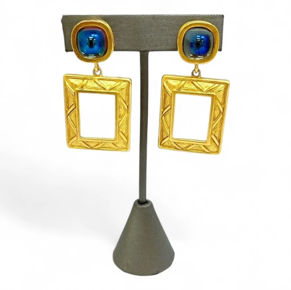GIVENCHY Modernist Square Open Gold Frame Earrings & Blue Cabochon Stones